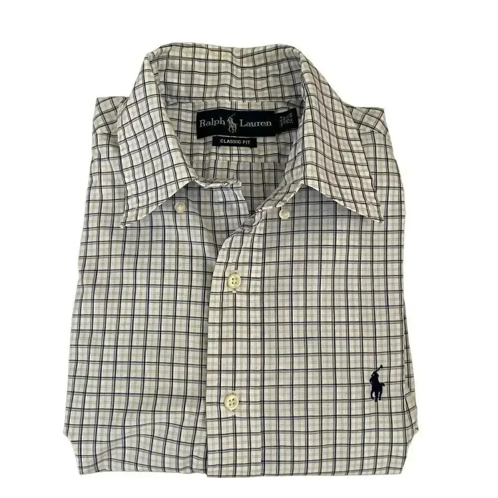 RALPH LAUREN Mens Blue Tattersall Button Down Cotton Shirt 15 1/2
